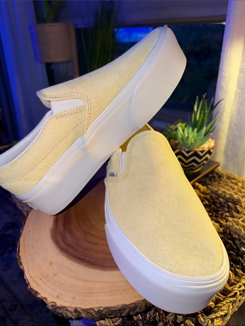 Vans Classic Slip-On Stackform Suede Cream Platform Sneakers W8 M6.5 NWOT